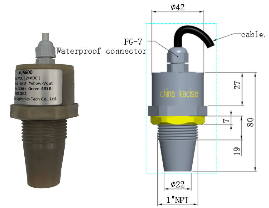 KUS600 আল্ট্রাসোনিক ওয়াটার লেভেল সেন্সর 3.3V লো পাওয়ার RS485 আউটপুট এবং IP68 জলরোধী নকশা সহ